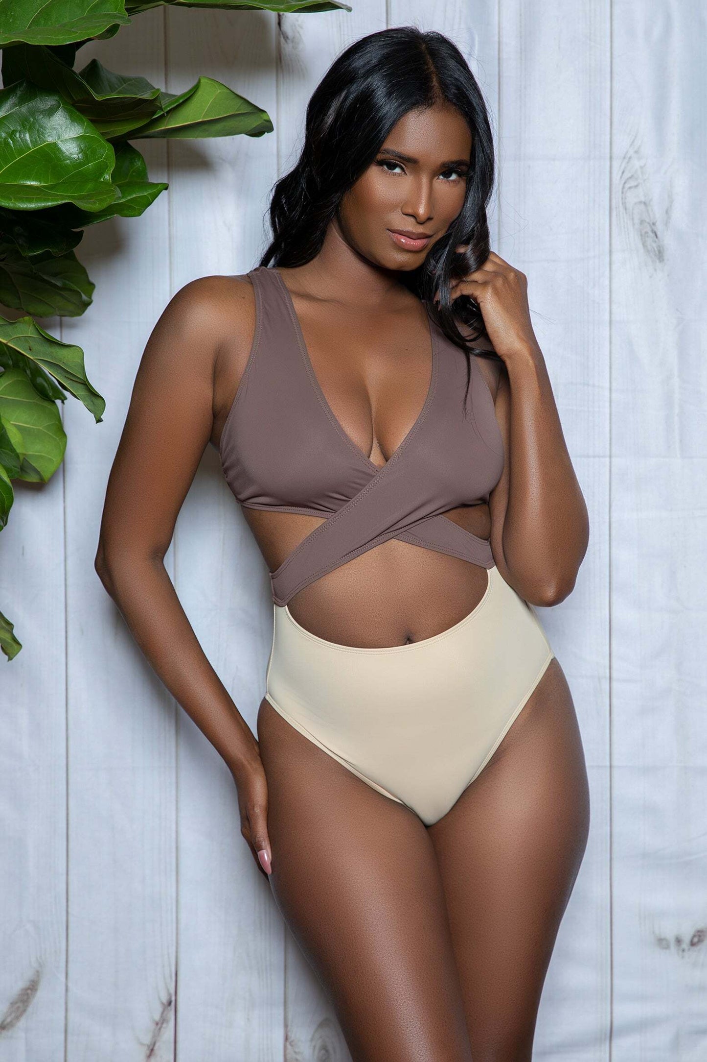 Mia Block One Piece Swimsuit Plunging v-neckline