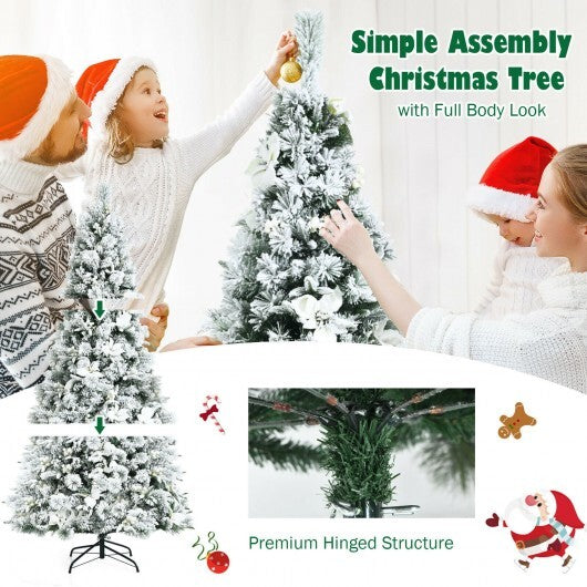 7 Feet Snow Flocked Christmas Tree with Poinsettia Flowers - Color: White - Size: 7 ft