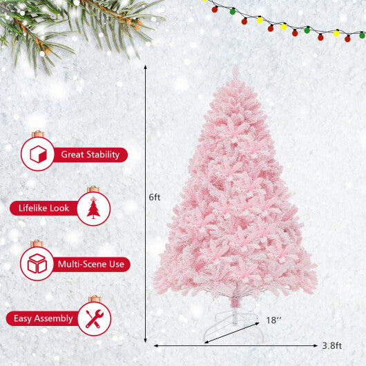 6 FT Flocked Artificial Xmas Tree Hinged with 350 LED Lights - Color: Pink - Size: 6 ft