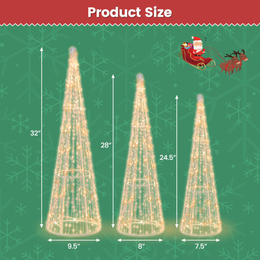 Set of 3 Pre-lit Christmas Cone Trees with Star Strings - Color: White