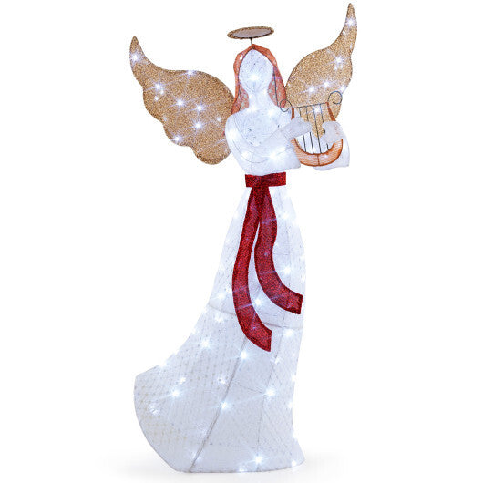5 ft Christmas Lighted Angel with Harp and 120 Cold White LED Lights - Color: White