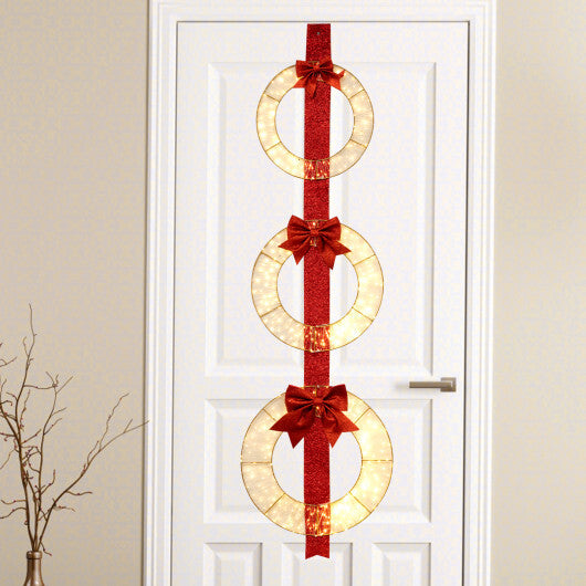Set of 3 Christmas Lighted Wreaths with Warm White LED Lights and Bows - Color: Red