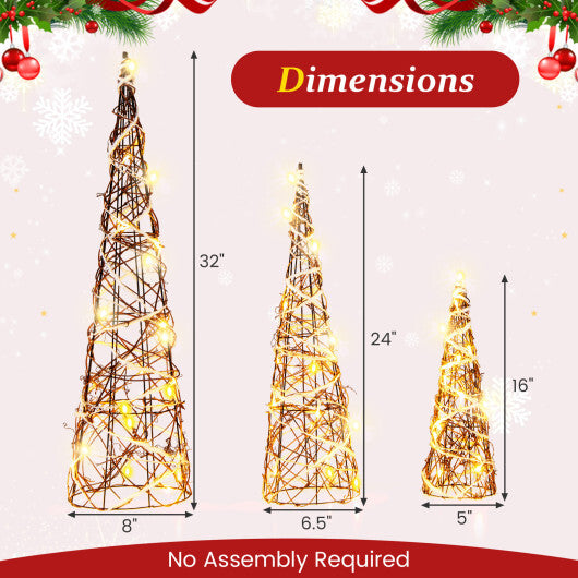 Set of 3 Lighted Rattan Cone Trees with LED Lights and Metal Frame - Color: Brown