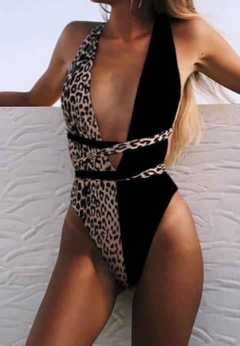 Contrast Leopard Self Tie One Piece Swimsuit