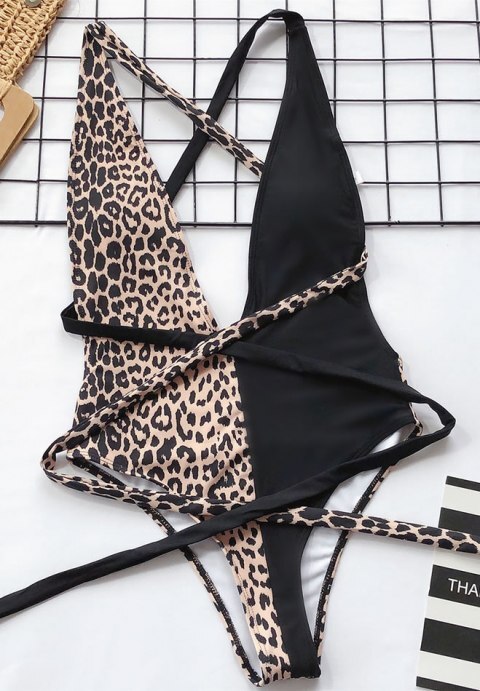 Contrast Leopard Self Tie One Piece Swimsuit