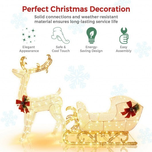 6 Feet Christmas Lighted Reindeer and Santa's Sleigh Decoration with 4 Stakes-Golden - Color: Golden
