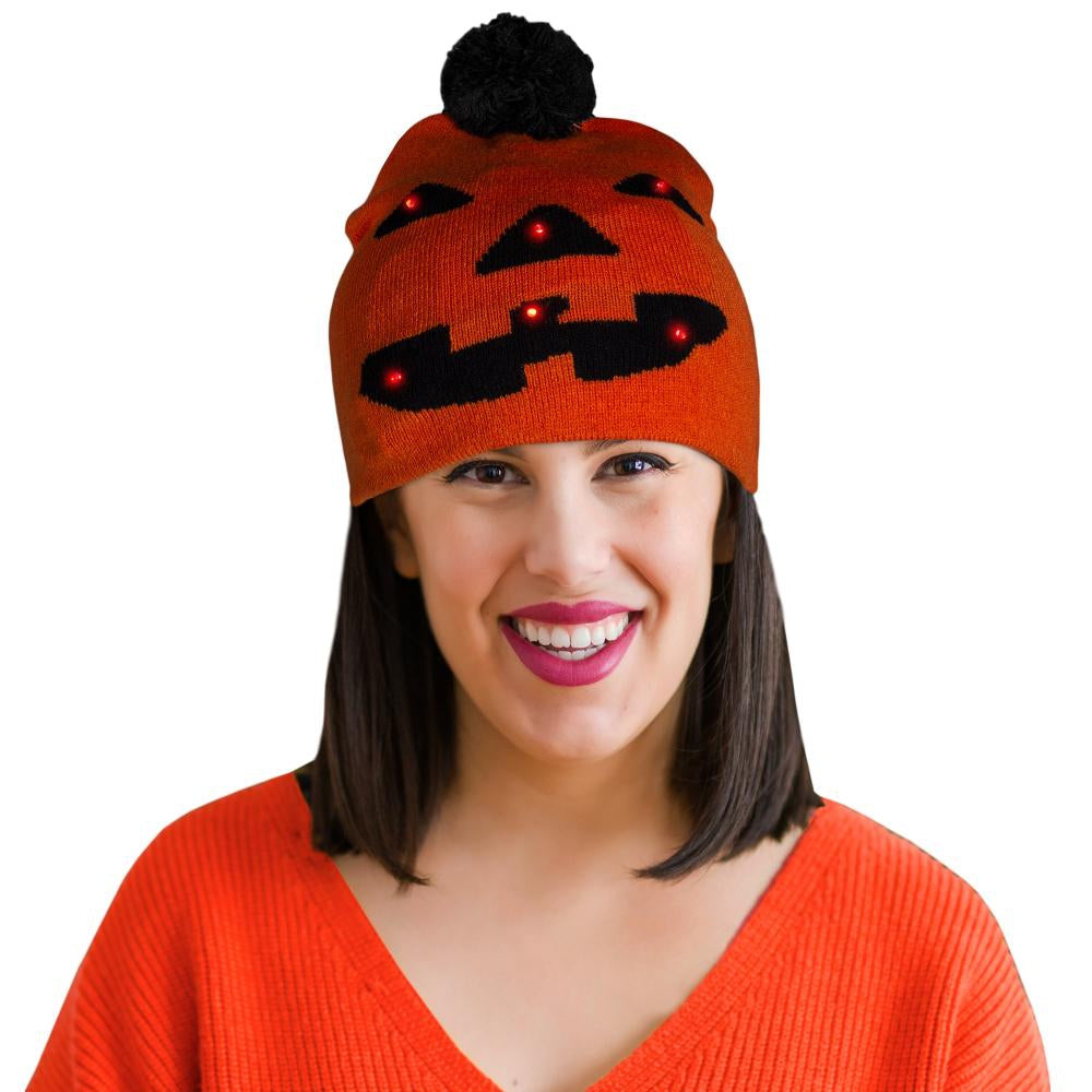 Light Up Monster Pumpkin Knit Pom Pom Beanie Pack of 6