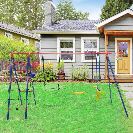 550 LBS 6-in-1 Patio Kids Swing Set with Climbing Net and Ladder-Green
