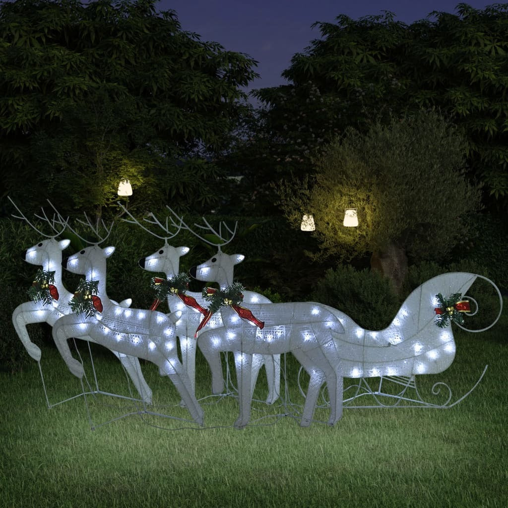 Reindeer And Sleigh Christmas Decoration Set of 4 White Mesh, Metal