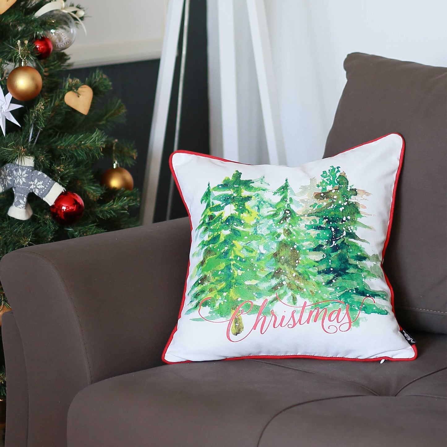 18" Green and White Christmas Tree Throw Pillow Cover