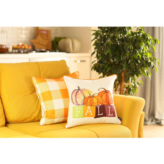Set Of 2 18"  Fall Season Pumpkin Gingham Throw Pillow Cover
