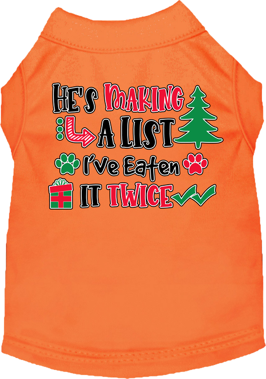He's Making a List... Screen Print Dog Shirt Orange Size MD