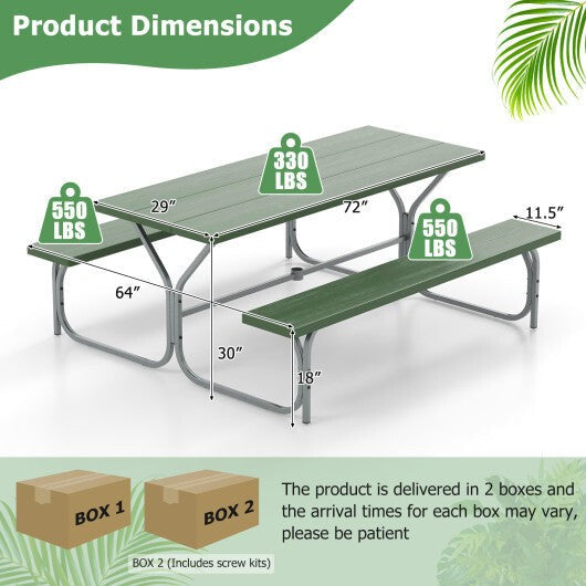 6 FT Picnic Table Bench Set Dining Table and 2 Benches with Metal Frame