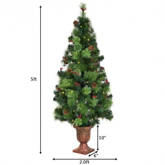 LED Christmas Tree with Red Berries Pine Cones-5ft - Color: Green - Size: 5 ft