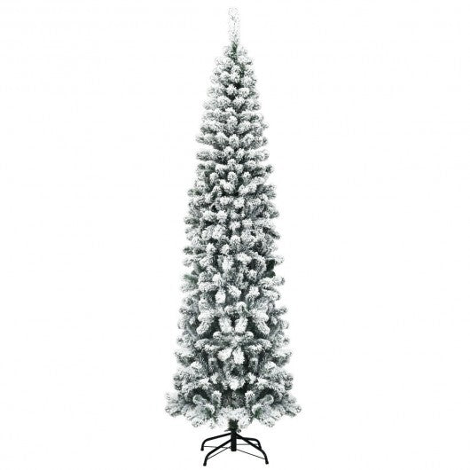 7.5 Feet Unlit Hinged Snow Flocked Artificial Pencil Christmas Tree with 641 Tips - Color: White - Size: 7.5 ft