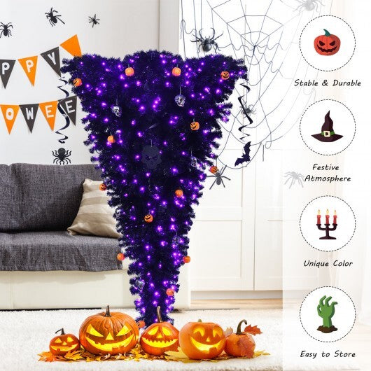 6 Feet Upside Down Artificial Christmas Tree with 270 Purple LED lights - Color: Black - Size: 6 ft