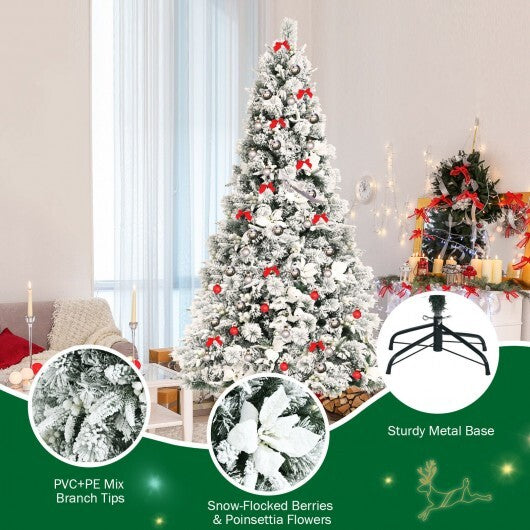 7 Feet Snow Flocked Christmas Tree with Poinsettia Flowers - Color: White - Size: 7 ft