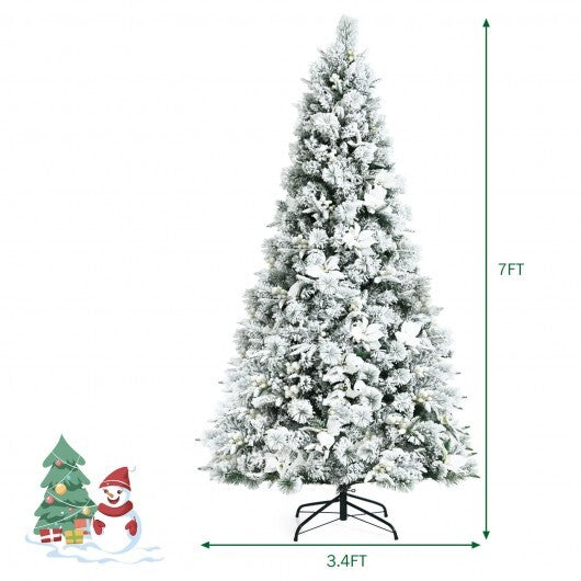 7 Feet Snow Flocked Christmas Tree with Poinsettia Flowers - Color: White - Size: 7 ft