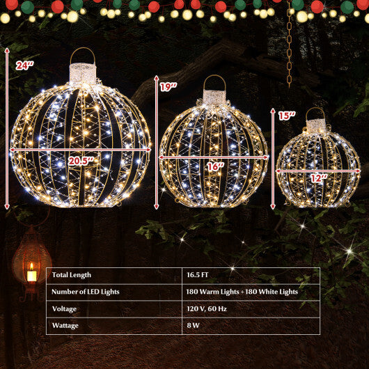 3 Pack Christmas LED Light Balls with Cable Ties and 6 Stakes-Golden - Color: Golden