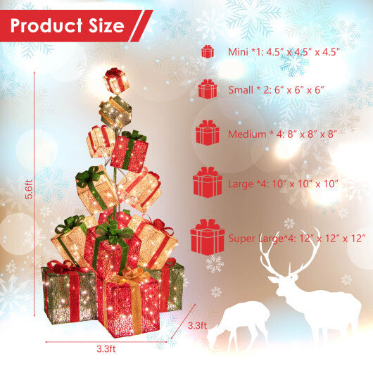 15 Stacked Lighted Christmas Gift Box Tower with 450 Warm White Lights - Color: Multicolor