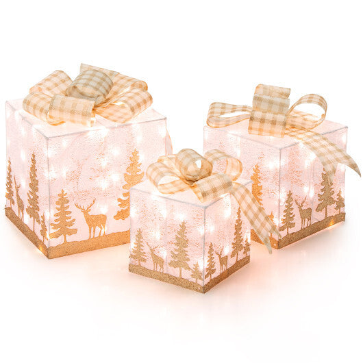 Set of 3 Lighted Christmas Gift Box with 100 Warm White Lights - Color: Multicolor