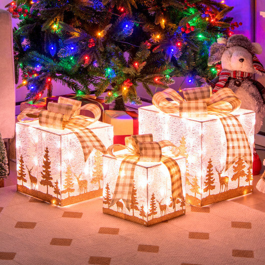 Set of 3 Lighted Christmas Gift Box with 100 Warm White Lights - Color: Multicolor