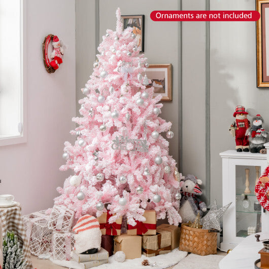 6 FT Flocked Artificial Xmas Tree Hinged with 350 LED Lights - Color: Pink - Size: 6 ft