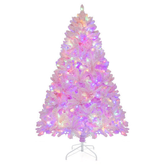 6 FT Flocked Artificial Xmas Tree Hinged with 350 LED Lights - Color: Pink - Size: 6 ft
