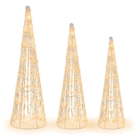 Set of 3 Pre-lit Christmas Cone Trees with Star Strings - Color: White