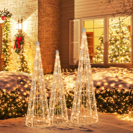 Set of 3 Pre-lit Christmas Cone Trees with Star Strings - Color: White