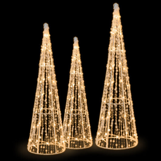 Set of 3 Pre-lit Christmas Cone Trees with Star Strings - Color: White
