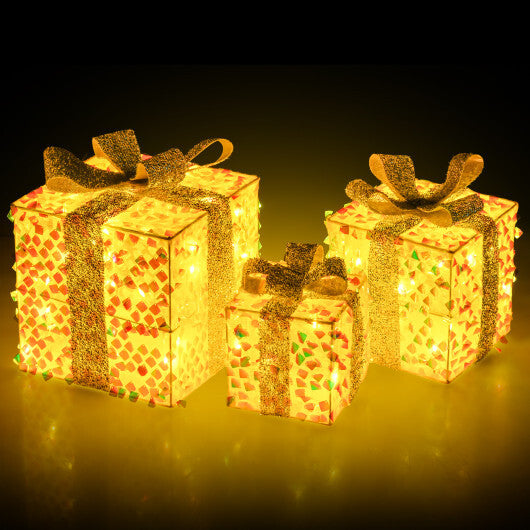 Set of 3 Christmas Lighted Gift Boxes with Pre-lit 90 LED Light and Bows - Color: White