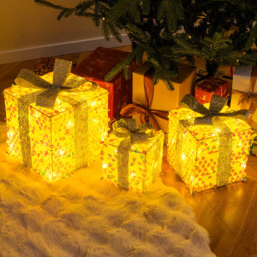 Set of 3 Christmas Lighted Gift Boxes with Pre-lit 90 LED Light and Bows - Color: White