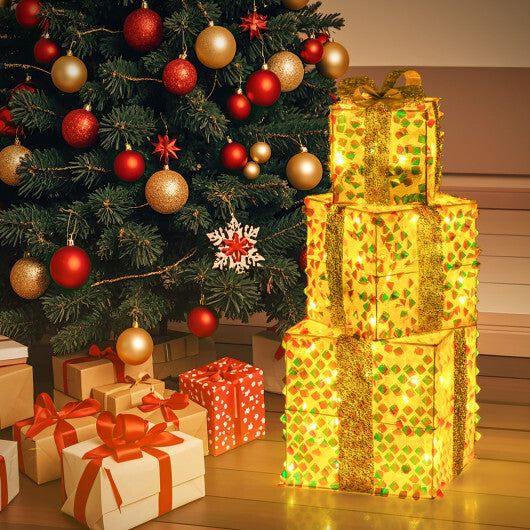 Set of 3 Christmas Lighted Gift Boxes with Pre-lit 90 LED Light and Bows - Color: White