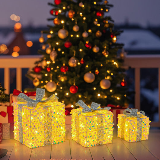 Set of 3 Christmas Lighted Gift Boxes with Pre-lit 90 LED Light and Bows - Color: White