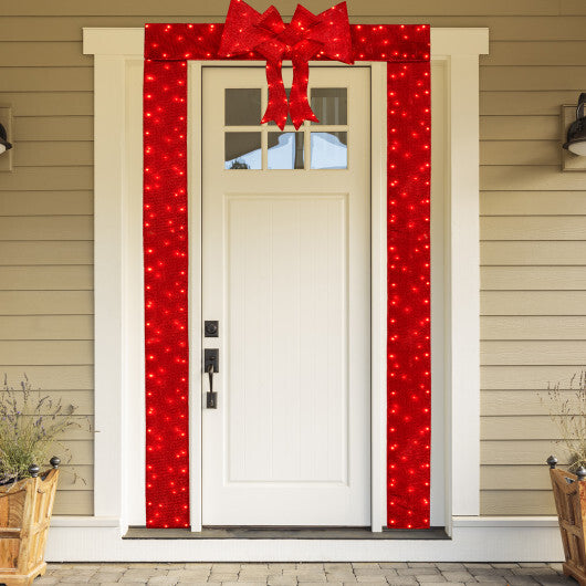 Lighted Christmas Tinsel Doorway Arch with Removable Bow for Roof Door Fireplace