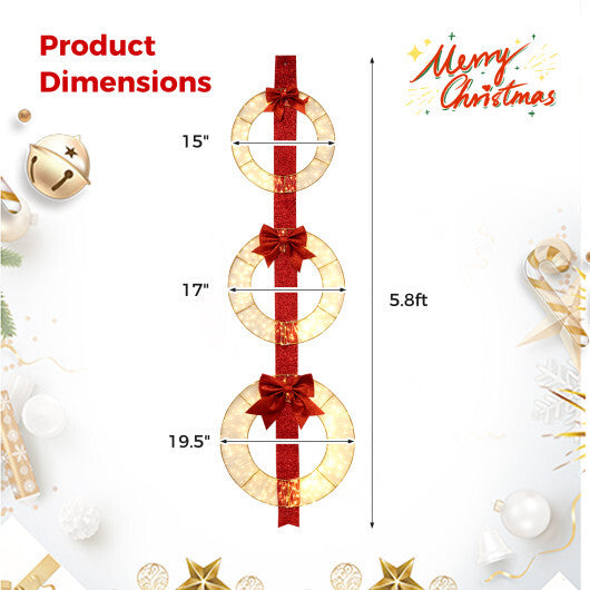 Set of 3 Christmas Lighted Wreaths with Warm White LED Lights and Bows - Color: Red