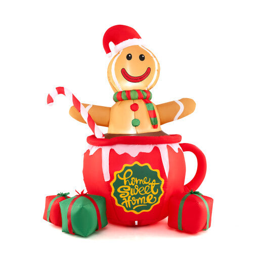 7 Feet Inflatable Gingerbread Man in Hot Cocoa Mug with Built-in LED Lights and Gift Boxes - Color: Multicolor - Size: 7 ft