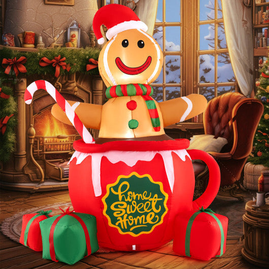 7 Feet Inflatable Gingerbread Man in Hot Cocoa Mug with Built-in LED Lights and Gift Boxes