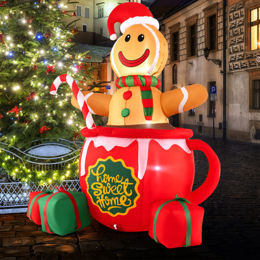 7 Feet Inflatable Gingerbread Man in Hot Cocoa Mug with Built-in LED Lights and Gift Boxes