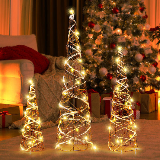 Set of 3 Lighted Rattan Cone Trees with LED Lights and Metal Frame - Color: Brown