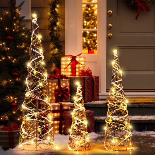 Set of 3 Lighted Rattan Cone Trees with LED Lights and Metal Frame - Color: Brown
