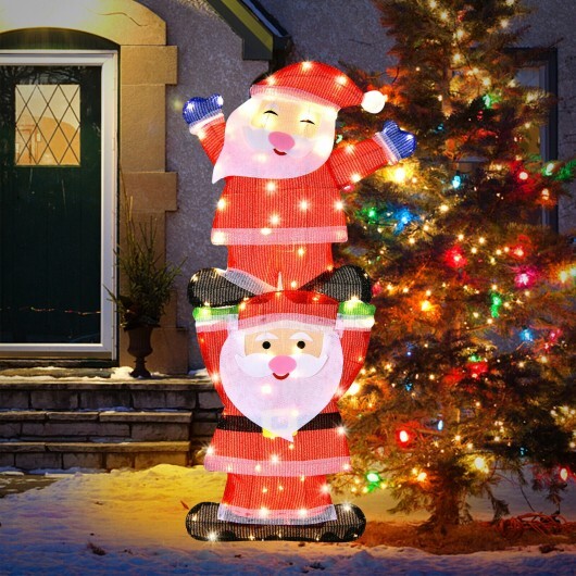 LED Double Santa Yard Christmas Decoration with String Lights and Stakes - Color: Red