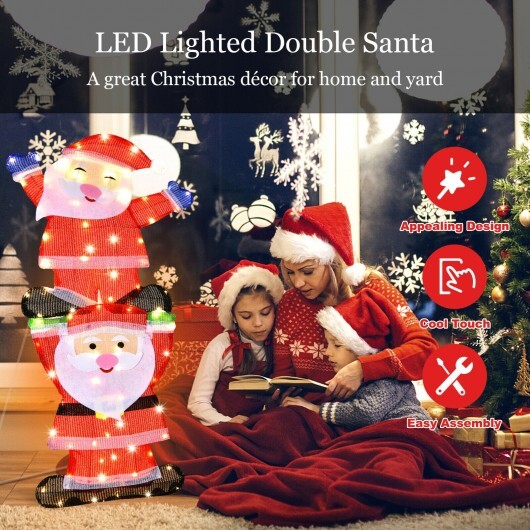 LED Double Santa Yard Christmas Decoration with String Lights and Stakes - Color: Red