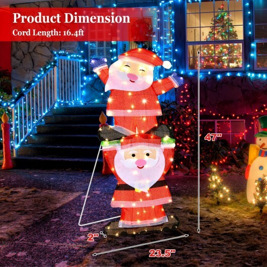 LED Double Santa Yard Christmas Decoration with String Lights and Stakes - Color: Red