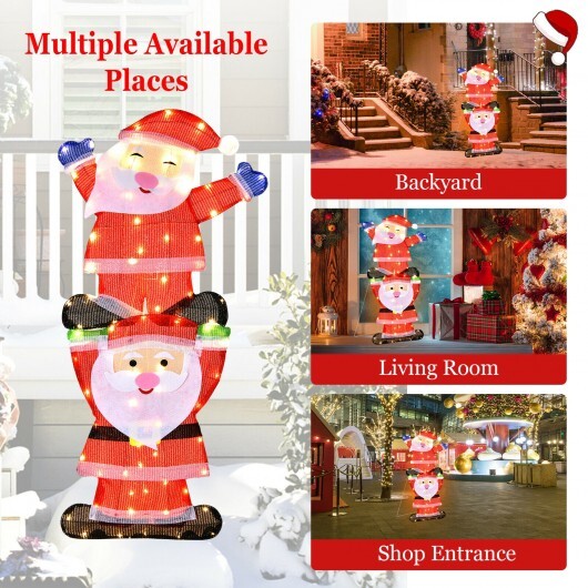 LED Double Santa Yard Christmas Decoration with String Lights and Stakes - Color: Red