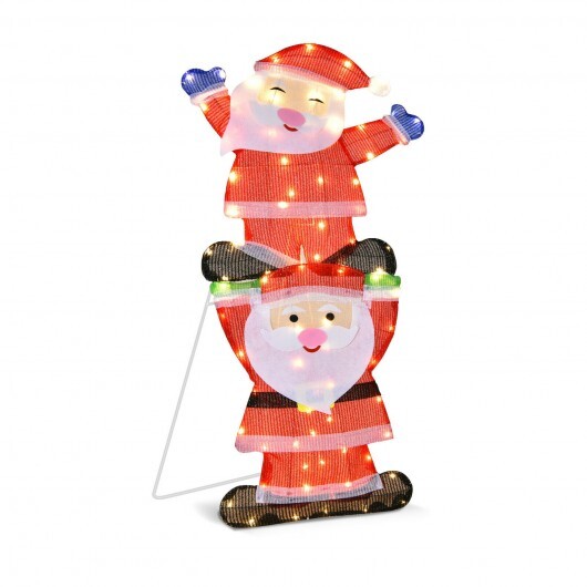 LED Double Santa Yard Christmas Decoration with String Lights and Stakes - Color: Red