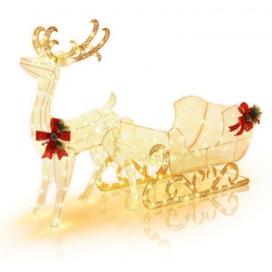 6 Feet Christmas Lighted Reindeer and Santa's Sleigh Decoration with 4 Stakes-Golden - Color: Golden