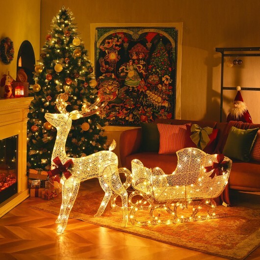 6 Feet Christmas Lighted Reindeer and Santa's Sleigh Decoration with 4 Stakes-Golden - Color: Golden