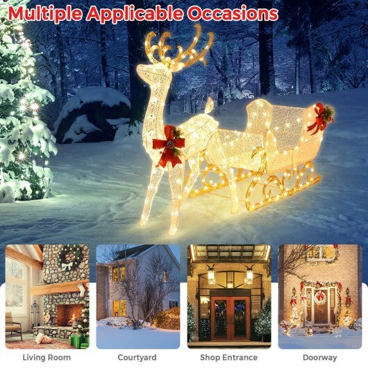 6 Feet Christmas Lighted Reindeer and Santa's Sleigh Decoration with 4 Stakes-Golden - Color: Golden
